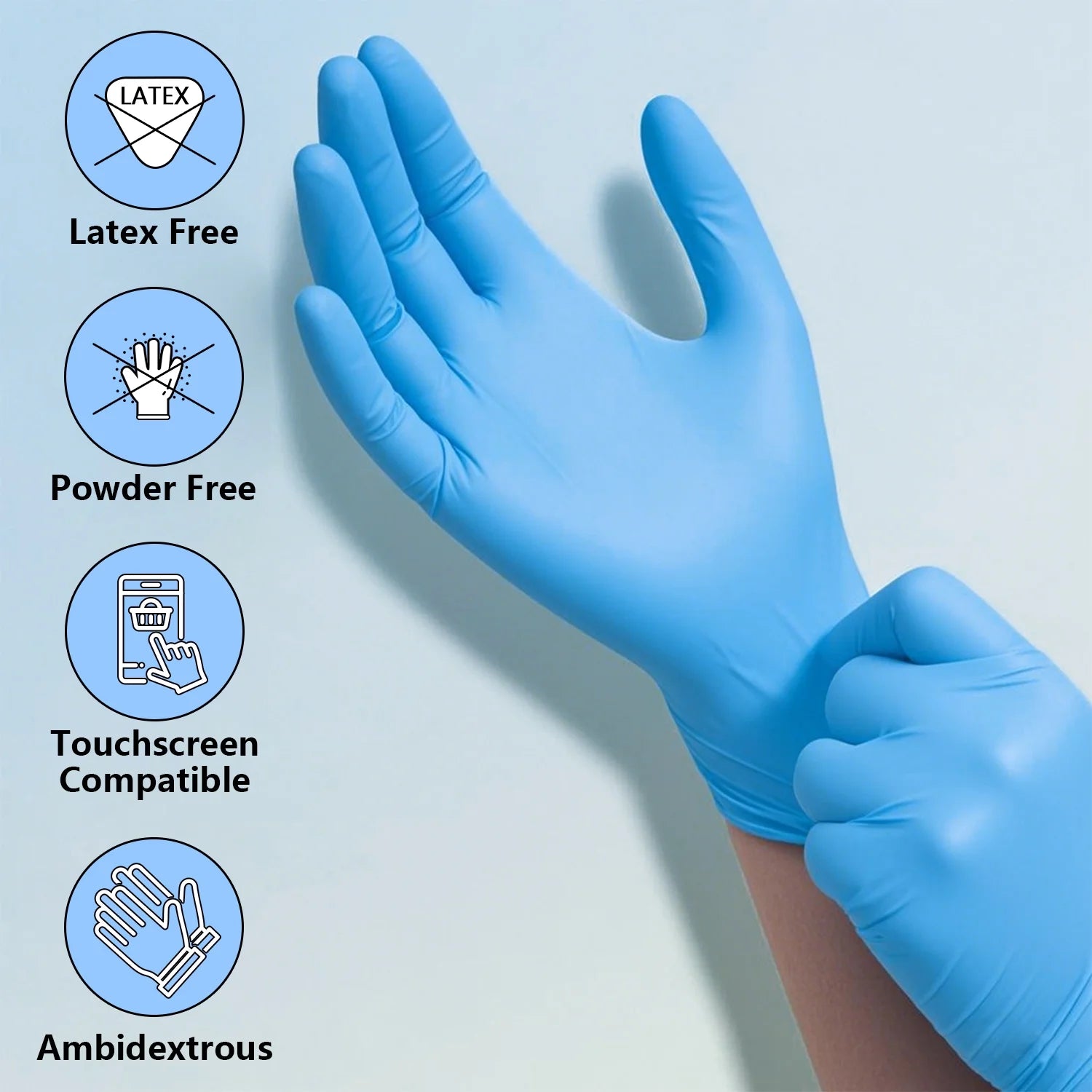 Blue nitrile gloves featuring touchscreen compatibility, ambidextrous fit, and textured fingertips