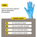 Blue nitrile disposable gloves size chart showing measurements from S to XL