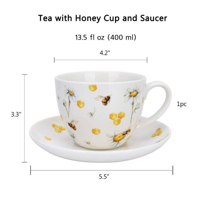 Tea with Honey Porcelain Cup & Saucer Set – Set of 2 (450 ml)