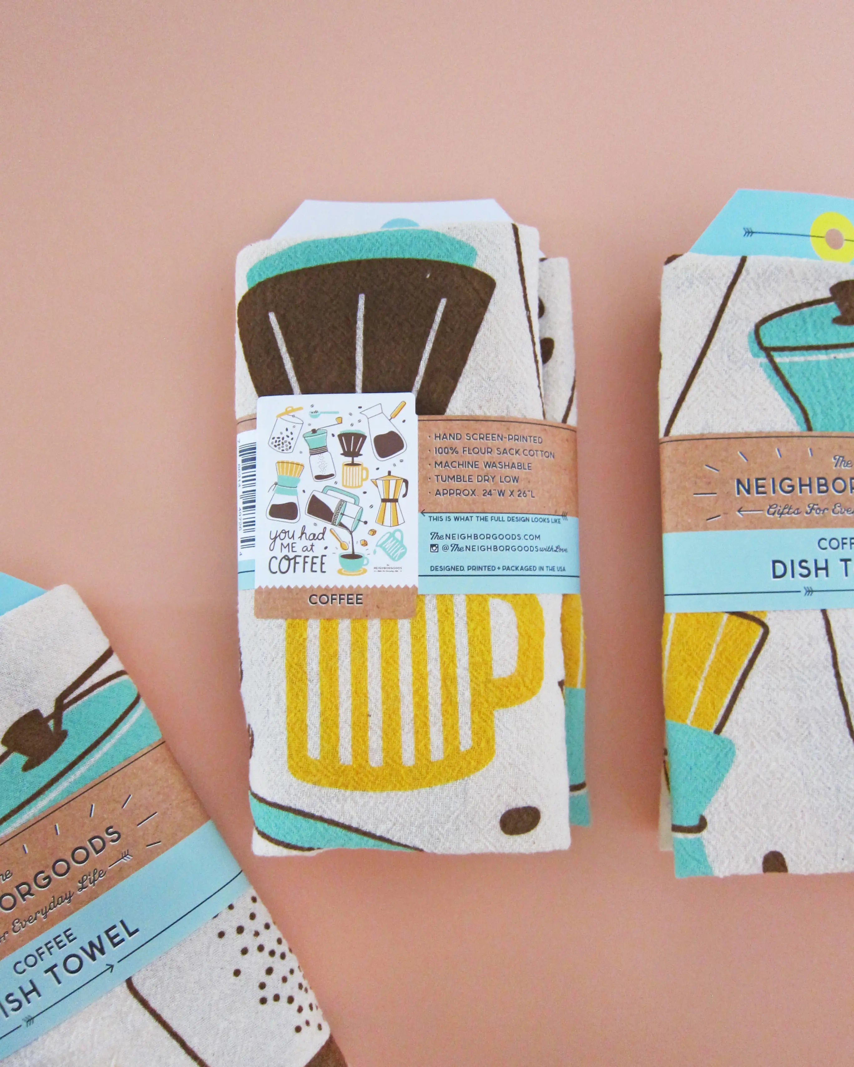 Hand screen-printed coffee flour sack kitchen towel