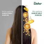 Before and after using Dabur Amla Hair Oil – smoother, shinier, and healthier hair