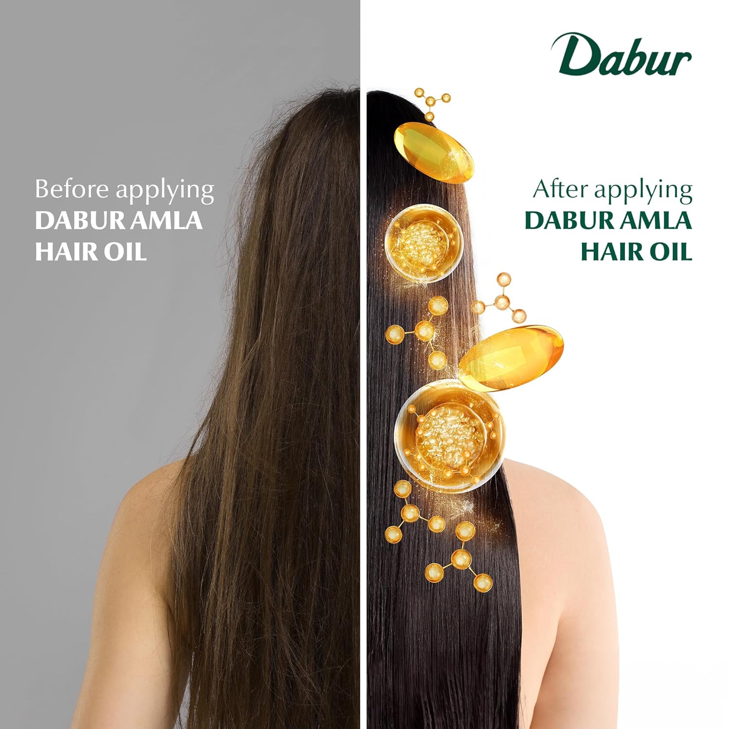 Before and after using Dabur Amla Hair Oil – smoother, shinier, and healthier hair