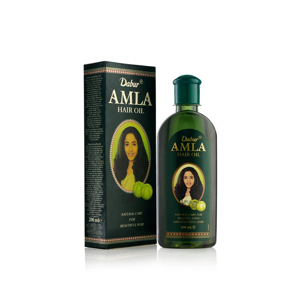 Dabur Amla Hair Oil bottle and packaging set with green box and Amla fruit 200ml