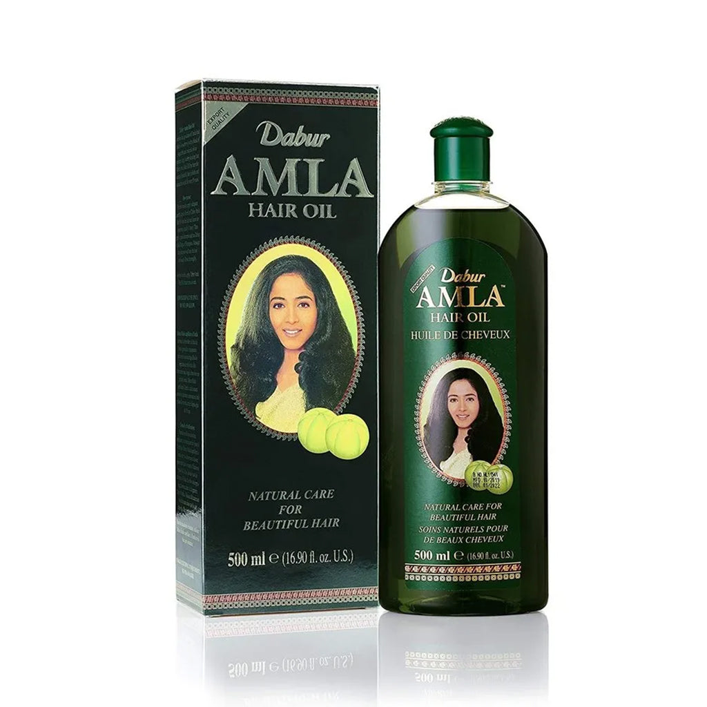 Dabur Amla Hair Oil bottle and packaging set with green box and Amla fruit 500ml