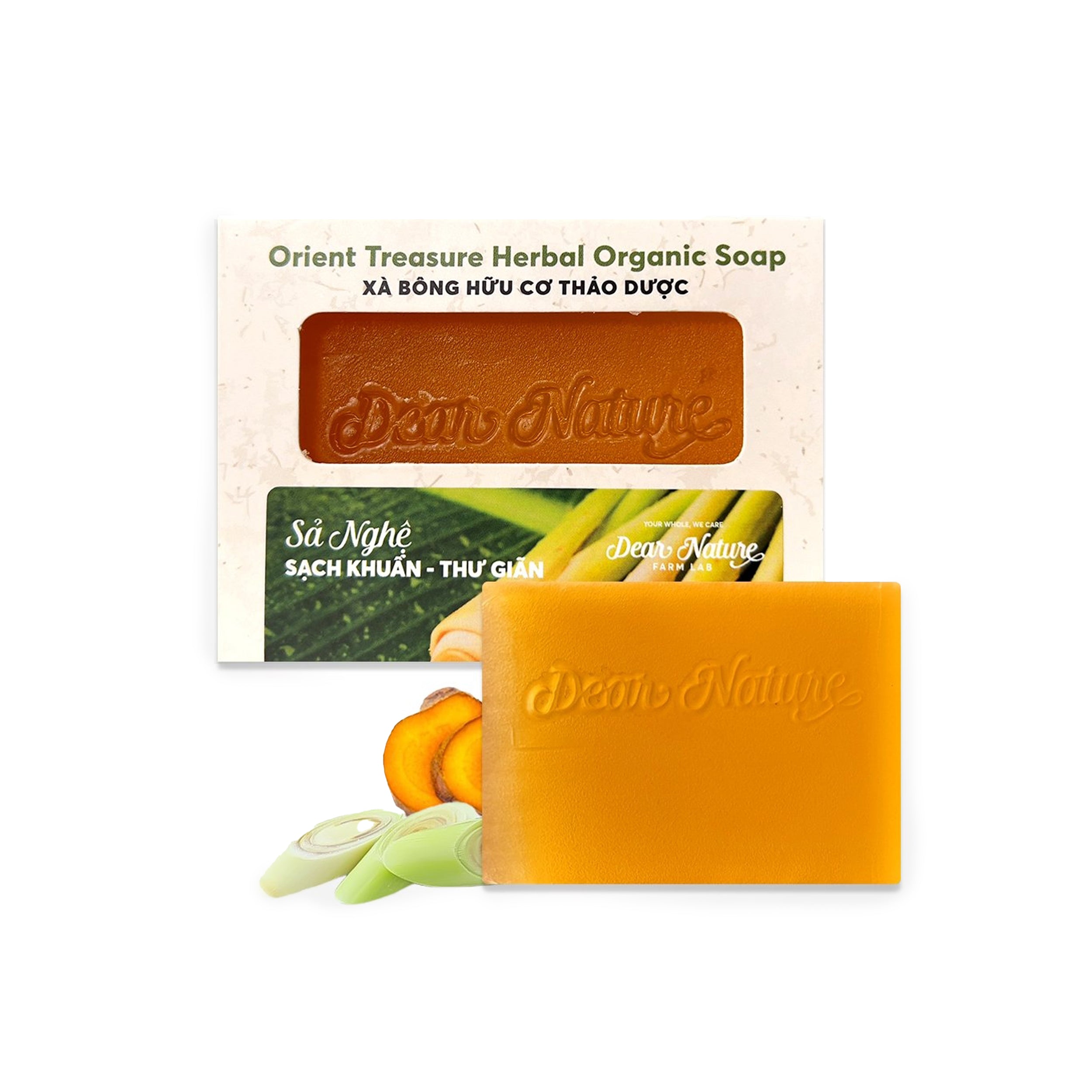 Dear Nature Orient Treasure Lemongrass Turmeric Herbal Soap – handmade organic soap from Vietnam with lemongrass essential oil and turmeric for bright, healthy skin