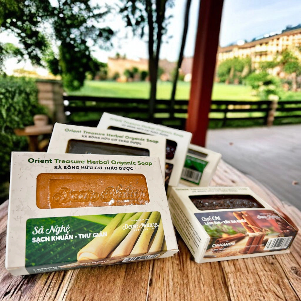 Dear Nature Orient Treasure Herbal Organic Soap collection featuring Lemongrass and Cinnamon variants – natural handmade Vietnamese soaps displayed outdoors