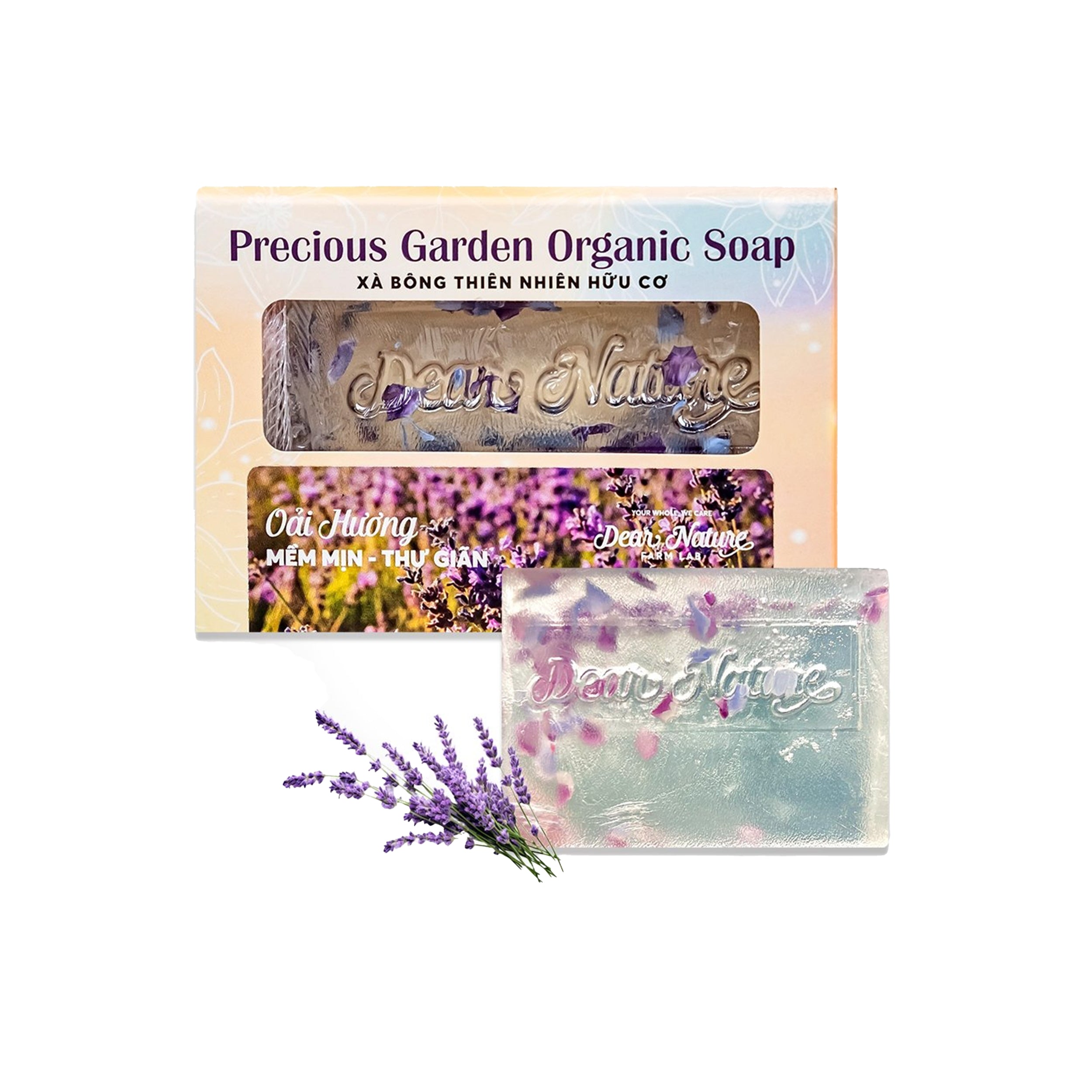 Dear Nature Precious Garden Organic Soap Lavender 100g – handmade natural soap with lavender essential oil and collagen petals for soothing, moisturizing skin