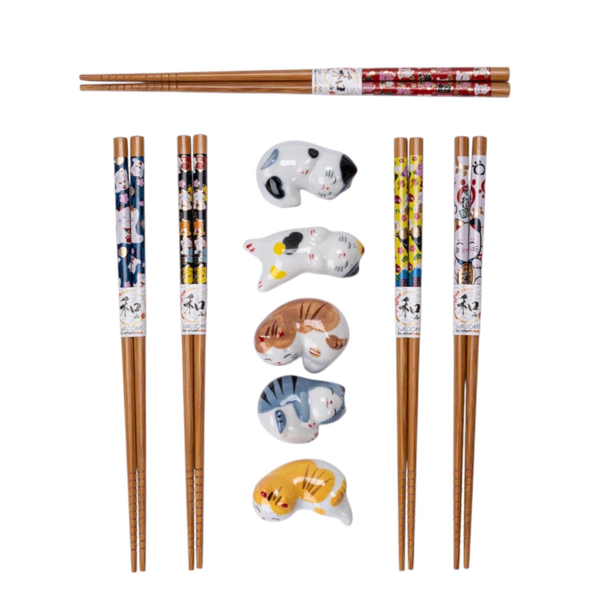 5 Pair Cute Cats Bamboo Chopsticks and Rests Gift Set (1/36)