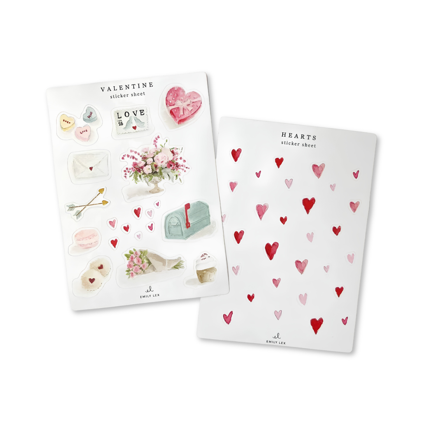 Emily Lex Valentine Sticker Sheets with watercolor artwork