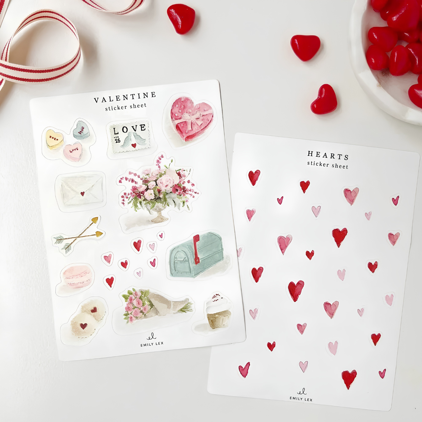 Emily Lex Valentine Sticker Sheets with watercolor artwork