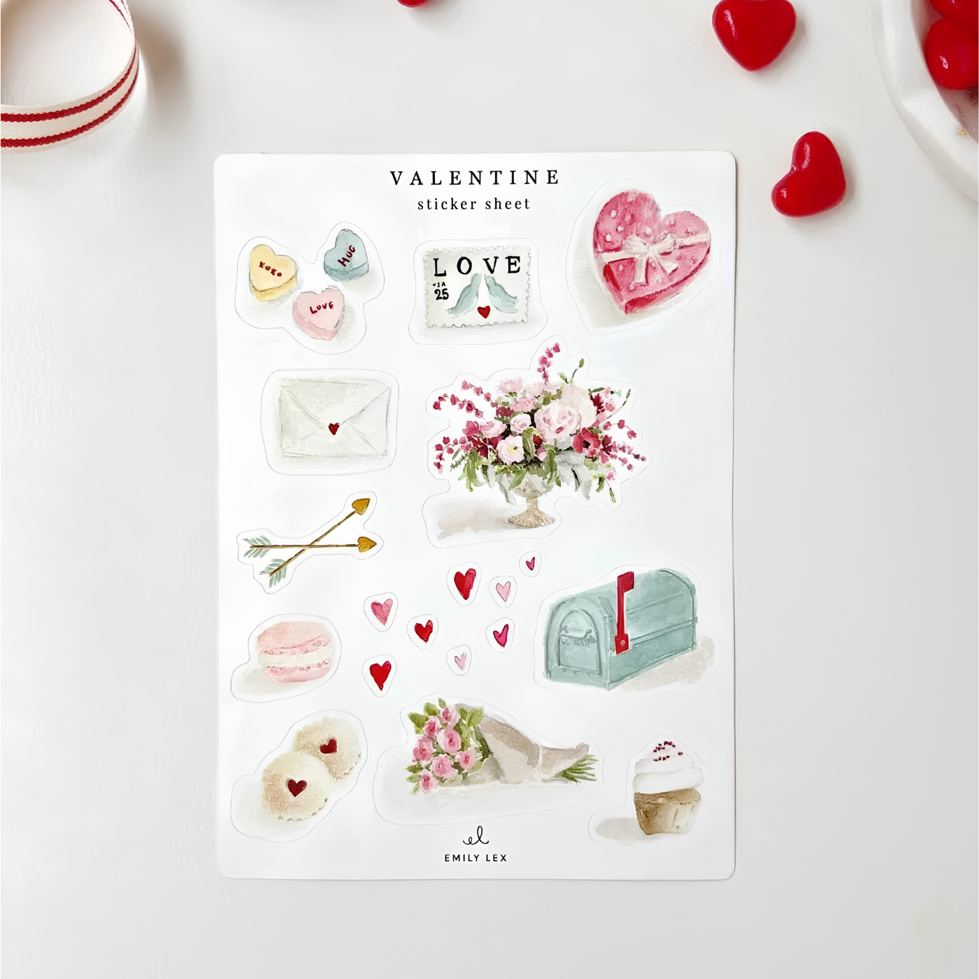 Watercolor Valentine's vinyl stickers by Emily Lex