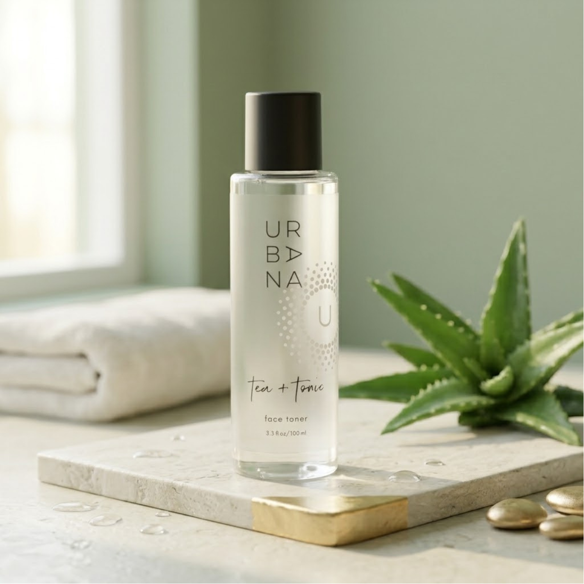 European Soaps Tea + Tonic alcohol-free face toner 3.3 fl oz in clear and black bottle