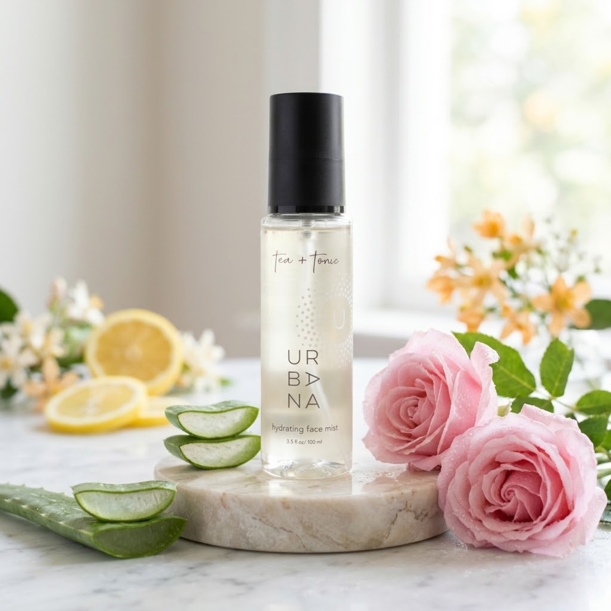 European Soaps Tea + Tonic alcohol-free hydrating face mist bottle lifestyle