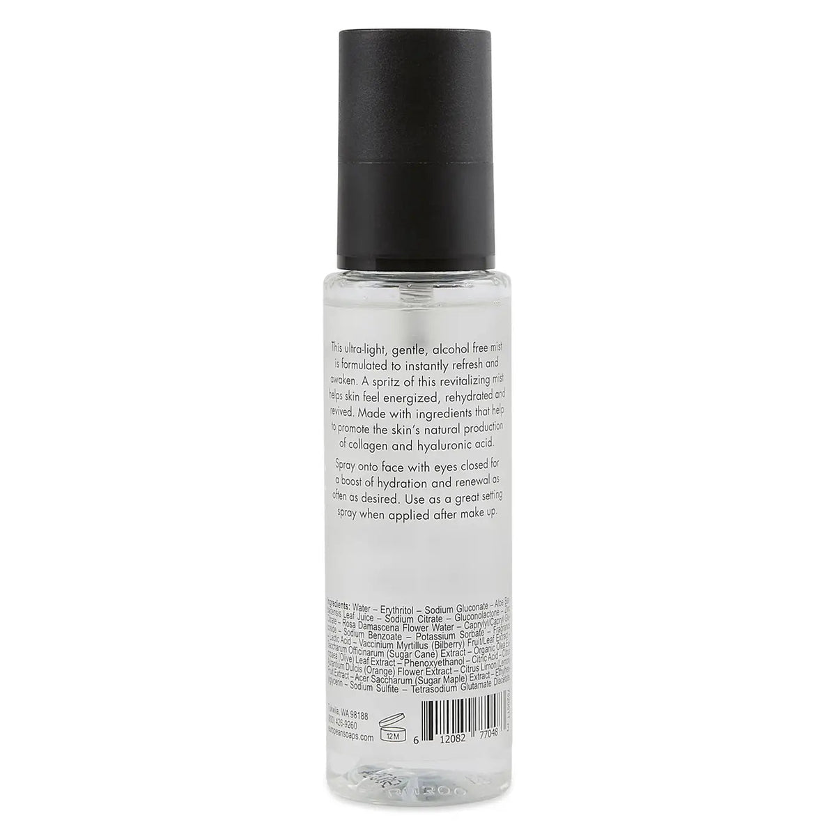 Back label of European Soaps Tea + Tonic Hydrating Mist with ingredients