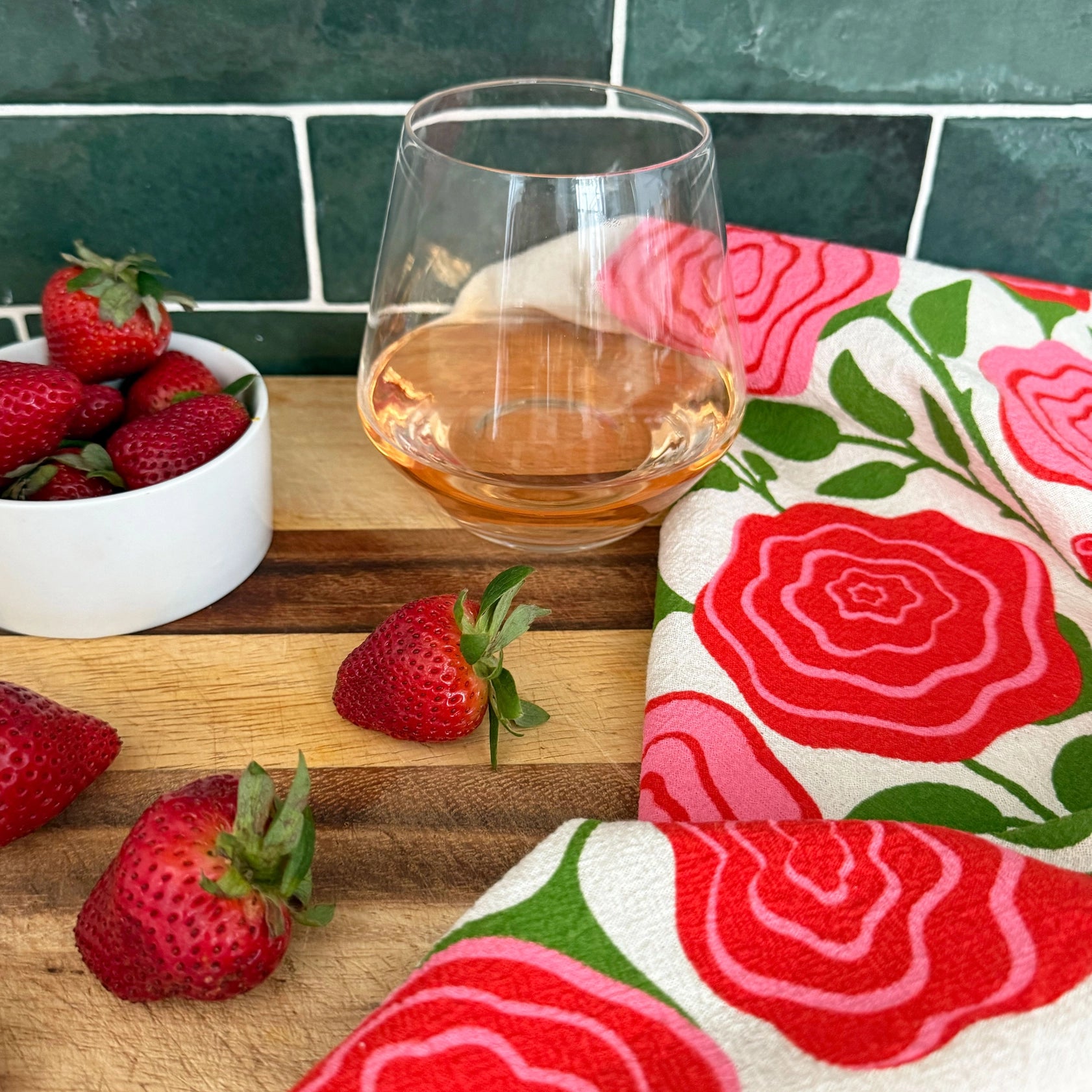 100% cotton flour sack dish towel with rose illustration