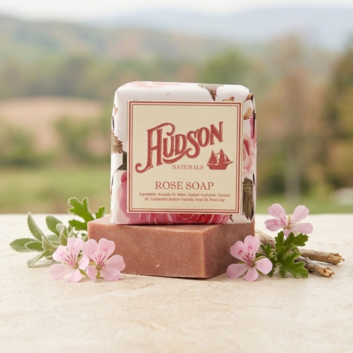 Hudson Naturals Rose Soap with natural rose geranium fragrance background