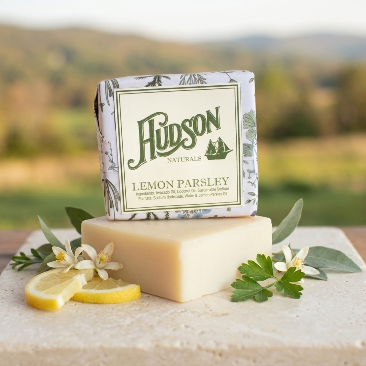 Hudson Naturals Lemon Parsley Soap handmade botanical bar background