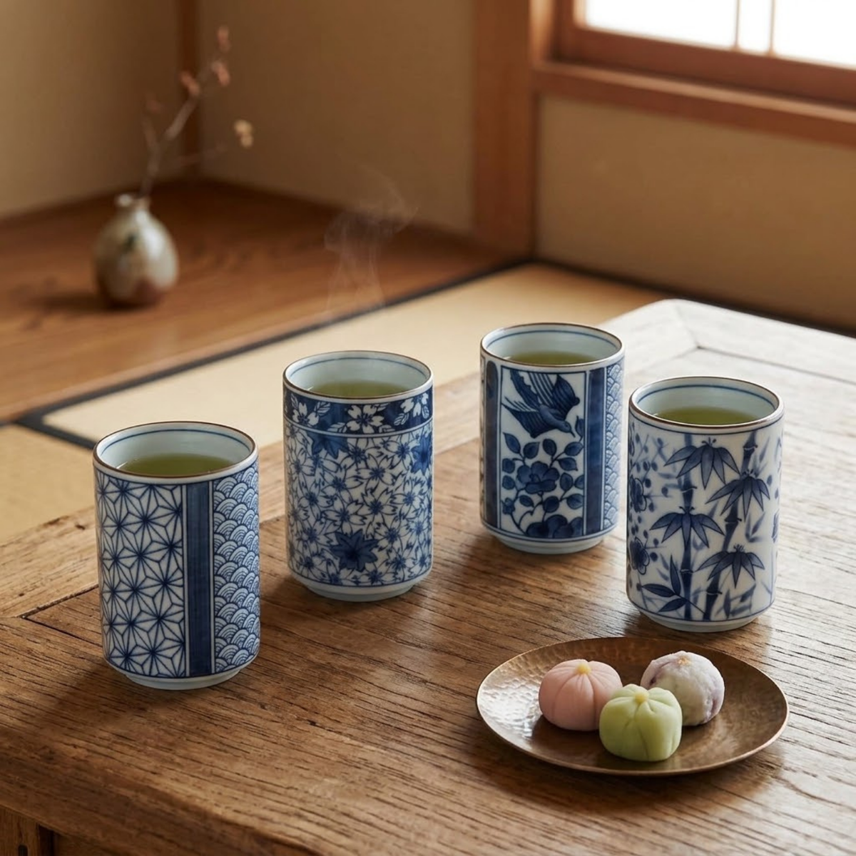 Japanese blue and white ceramic teacups in a tea setting