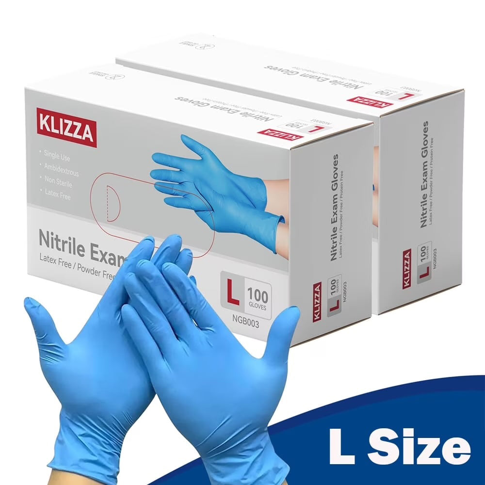 KLIZZA blue nitrile disposable gloves 4.5 mil, latex-free and powder-free, 100 count box, size L