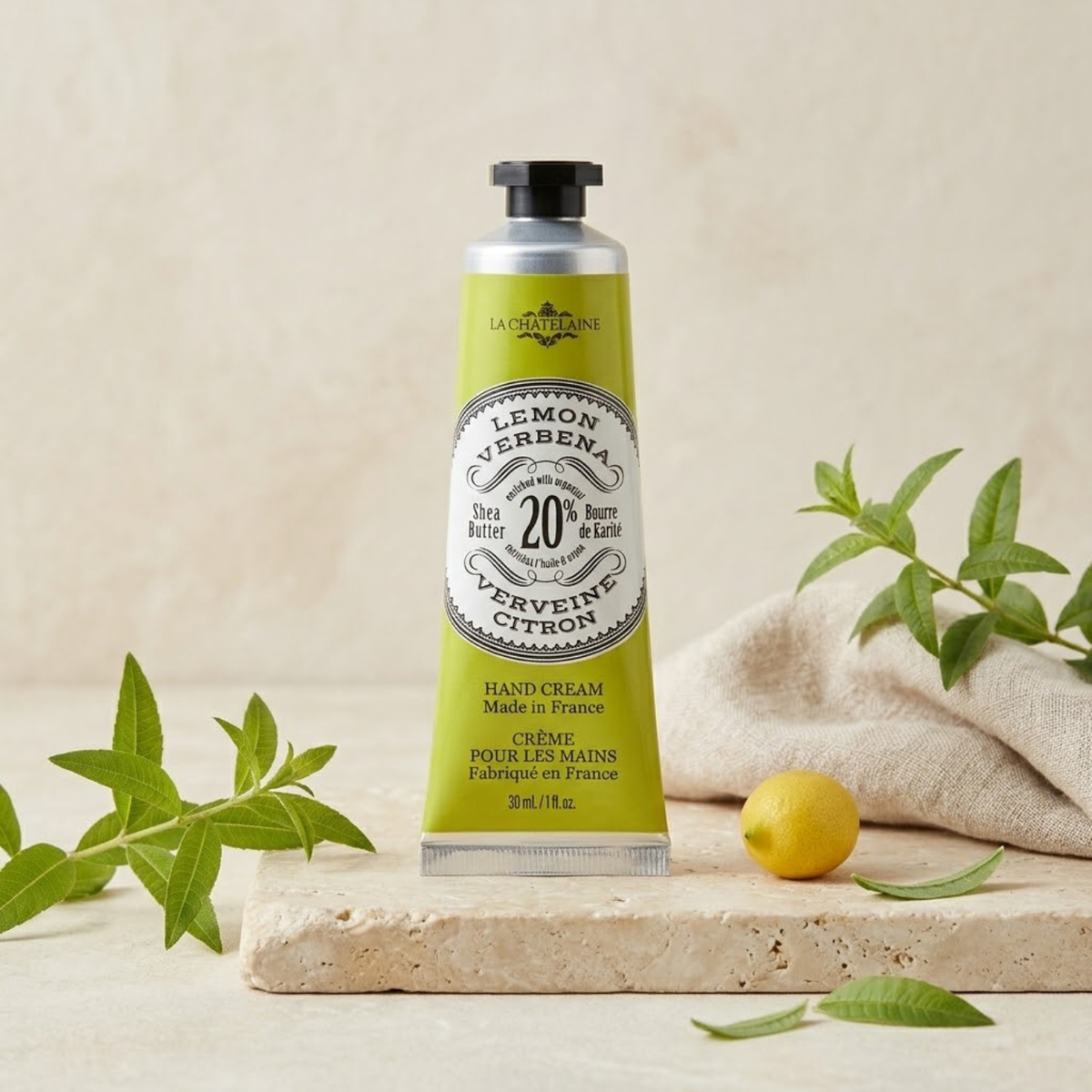 La Chatelaine Lemon Verbena Hand Cream 30ml with 20% shea butter with background