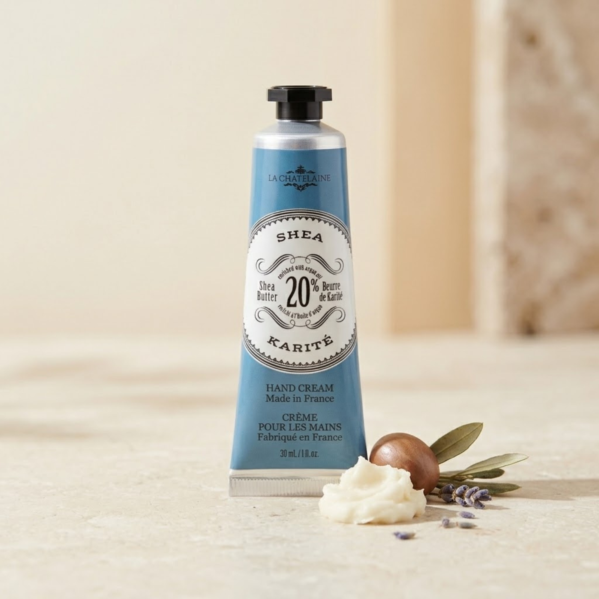 La Chatelaine Shea Hand Cream with 20% shea butter background