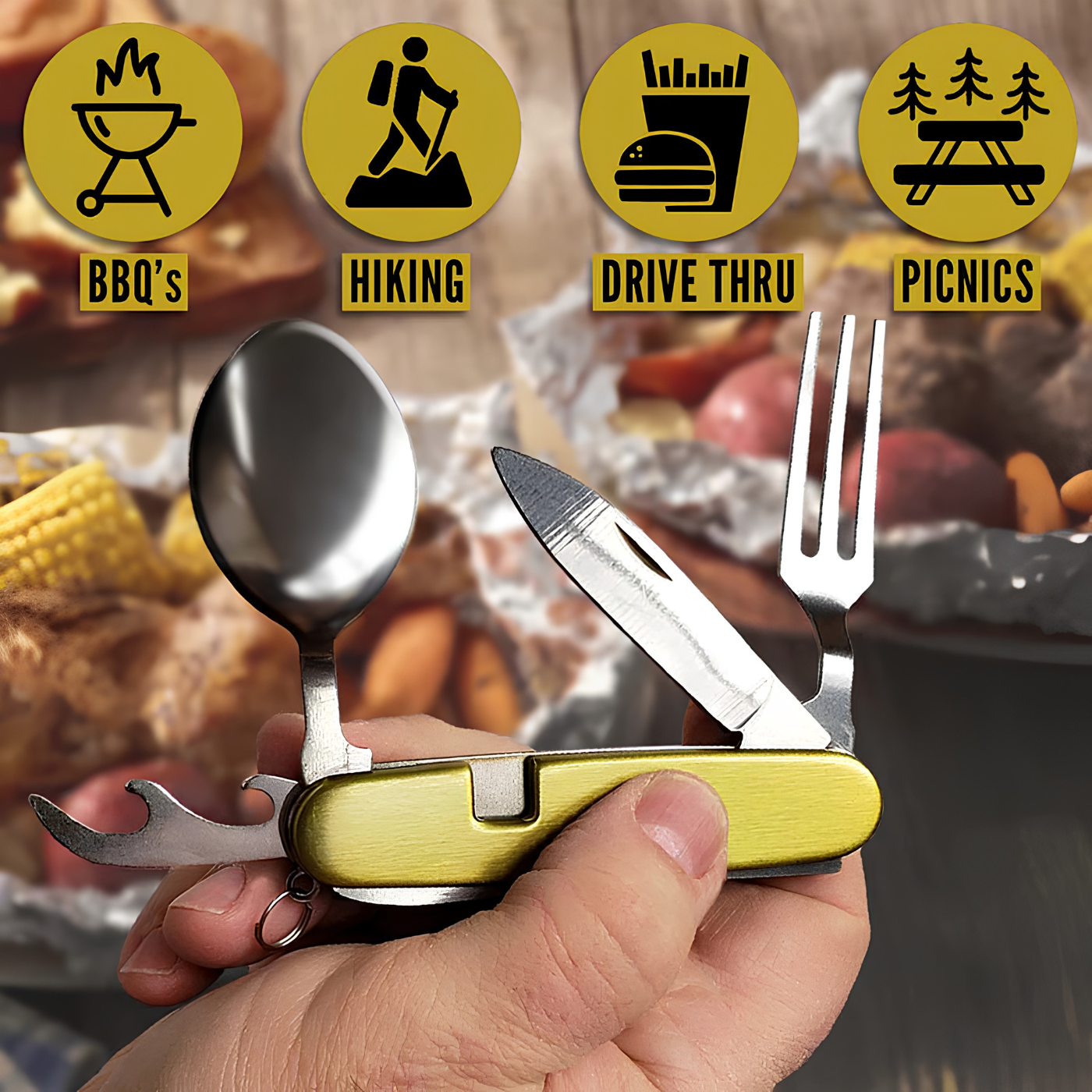 Stainless steel portable camping flatware set