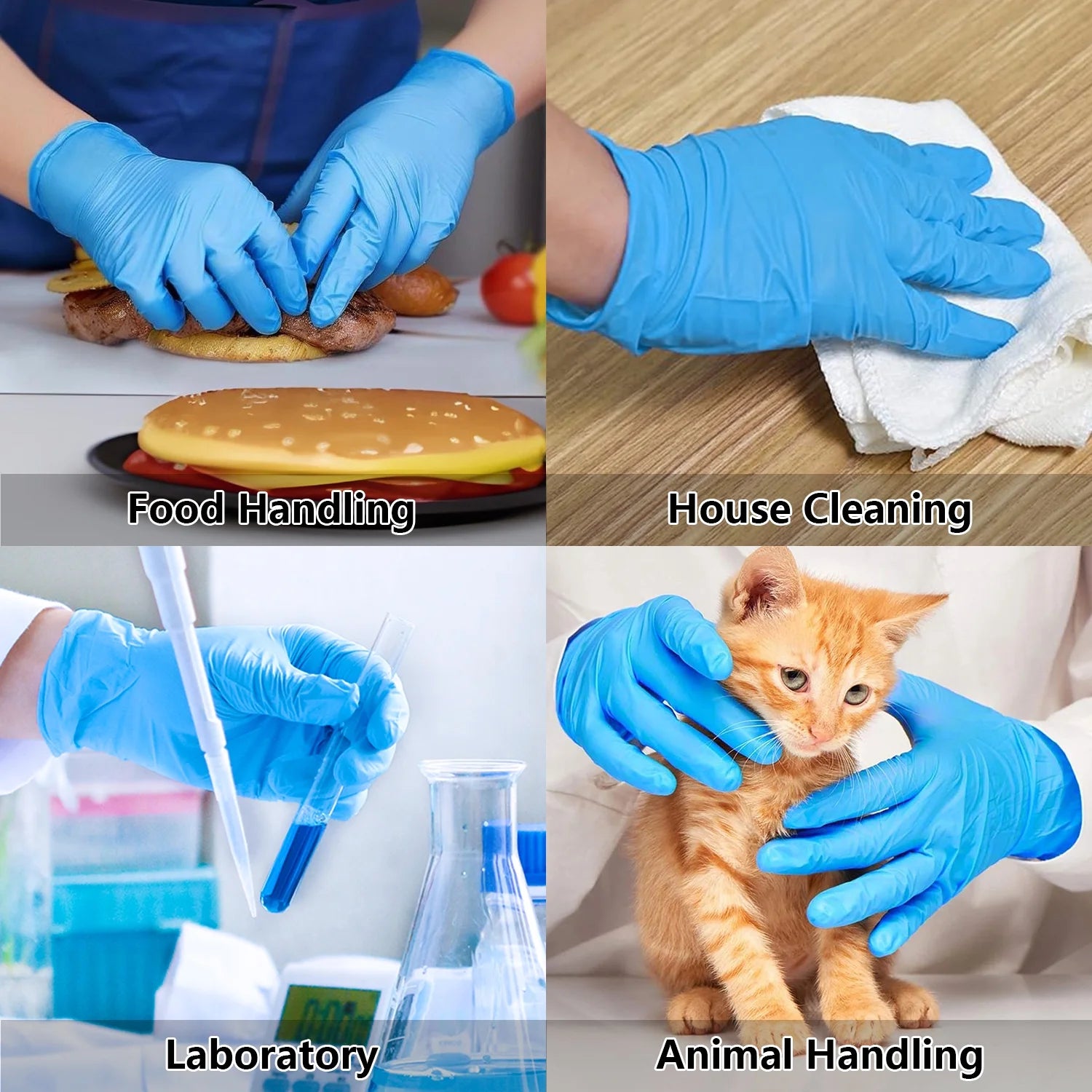 Blue nitrile disposable gloves used for food prep, cleaning, laboratory work, and pet care