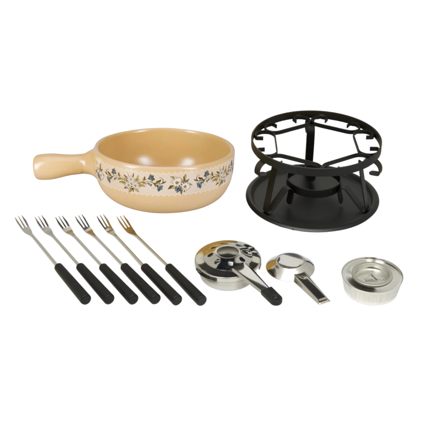 Nouvel Enzian cheese fondue set with terracotta pot, rechaud and forks