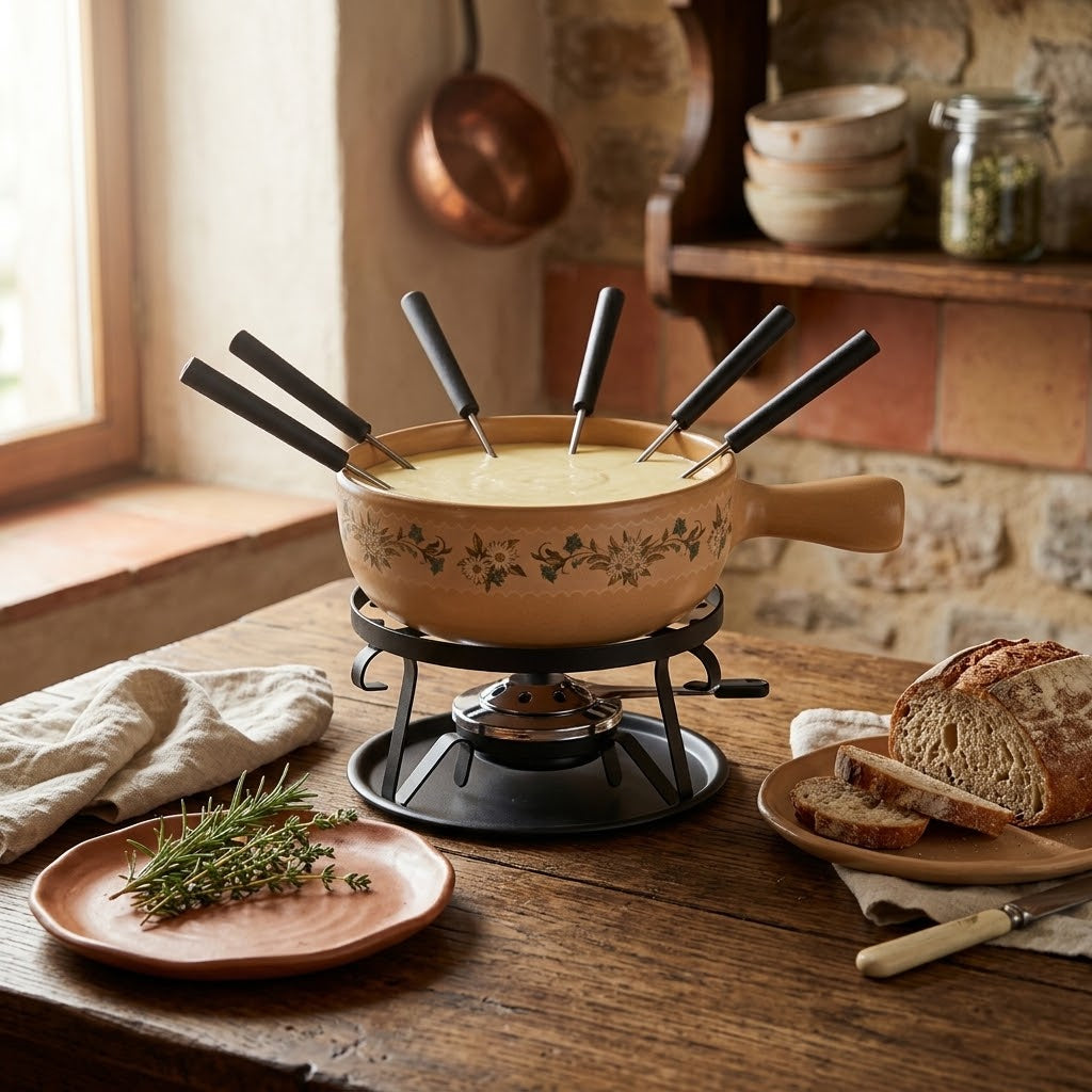 Nouvel Enzian cheese fondue set prepared for a cozy dinner