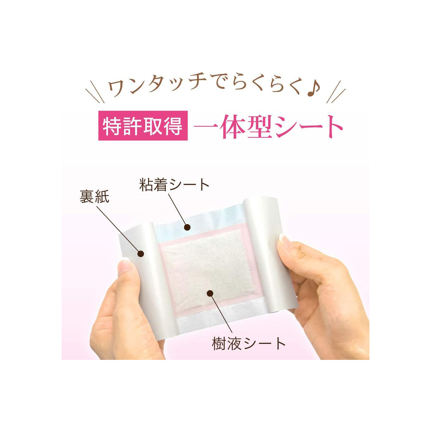 Hands demonstrating how to apply Perorin foot detox sheet with integrated adhesive sheet