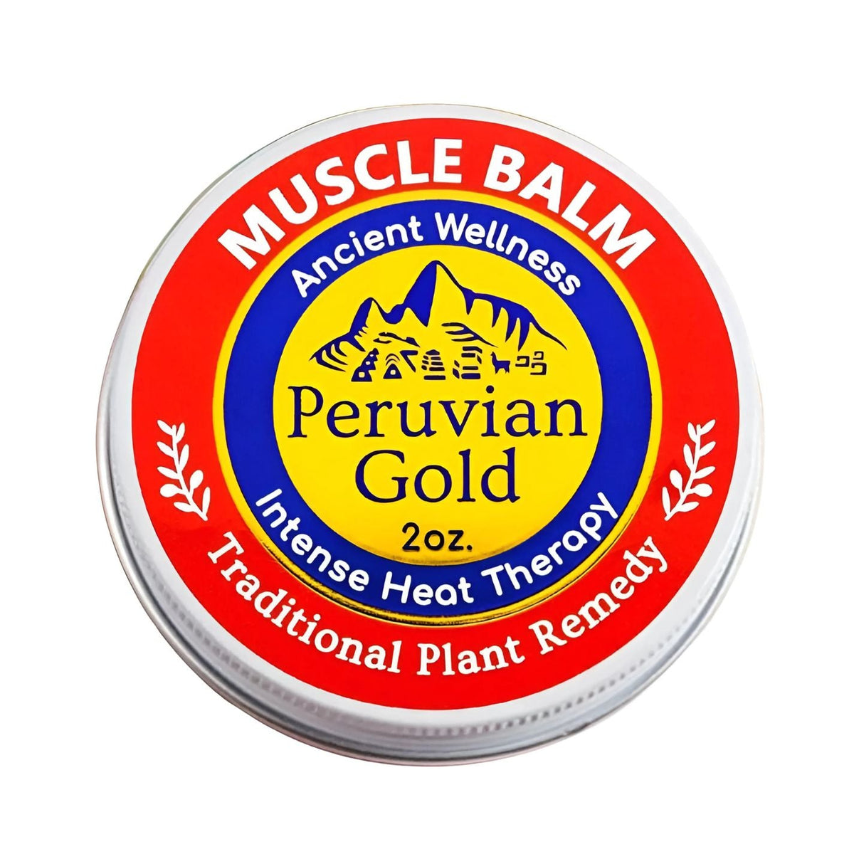 A round container of Peruvian Gold muscle balm with a red and blue label, indicating it is a 2oz muscle balm intended for intense heat therapy.