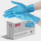 Person putting on blue nitrile disposable gloves showing flexible fit and comfort