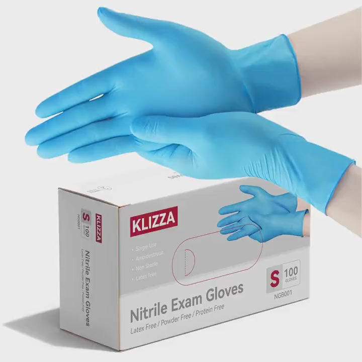 Person putting on blue nitrile disposable gloves showing flexible fit and comfort