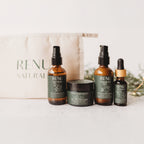 RENU Naturals Complete Skincare Set – Purifying Gel Cleanser, Hydra Whip Exfoliant, Pure Radiance Moisturizer, and Luxury Facial Oil with travel pouch