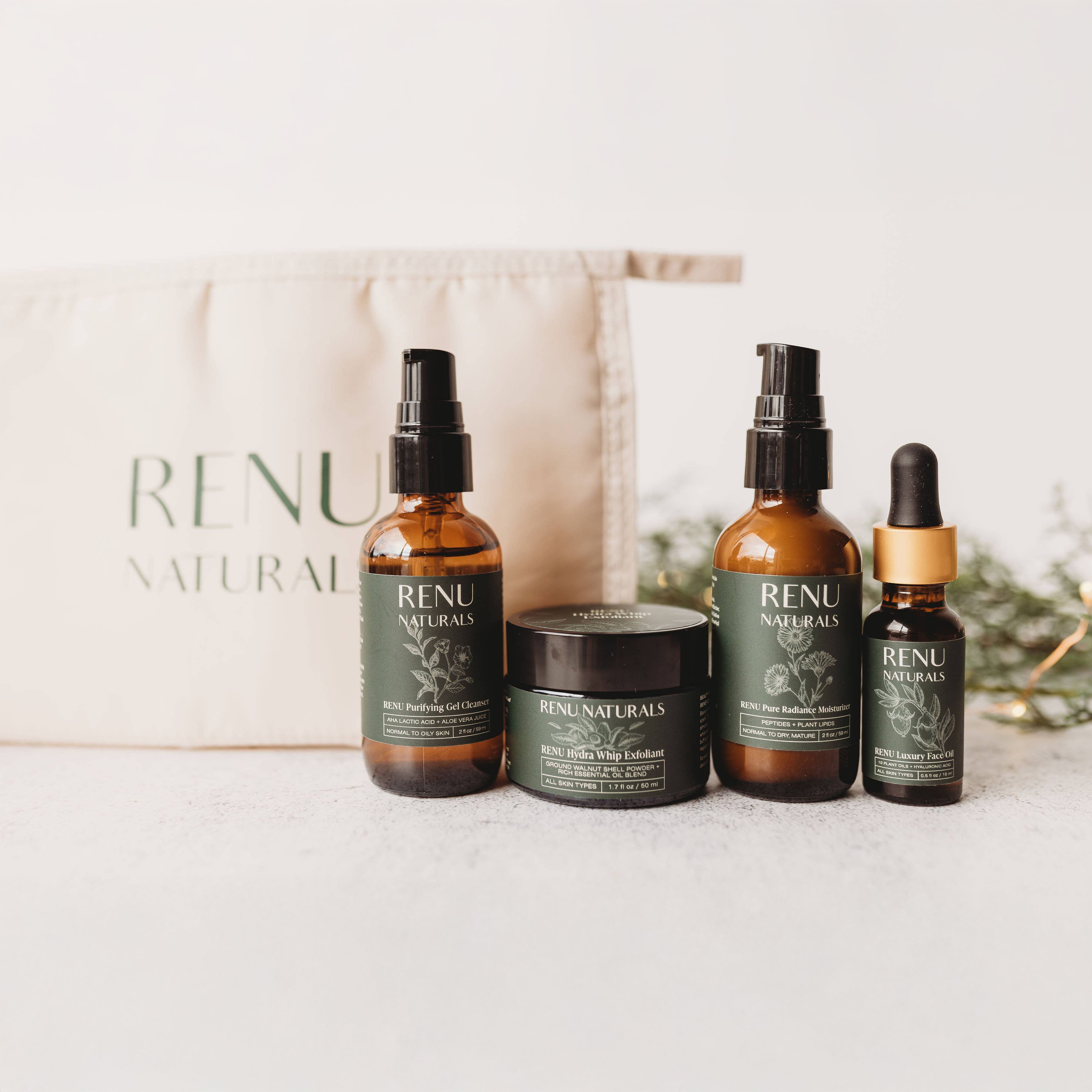 RENU Naturals Complete Skincare Set – Purifying Gel Cleanser, Hydra Whip Exfoliant, Pure Radiance Moisturizer, and Luxury Facial Oil with travel pouch