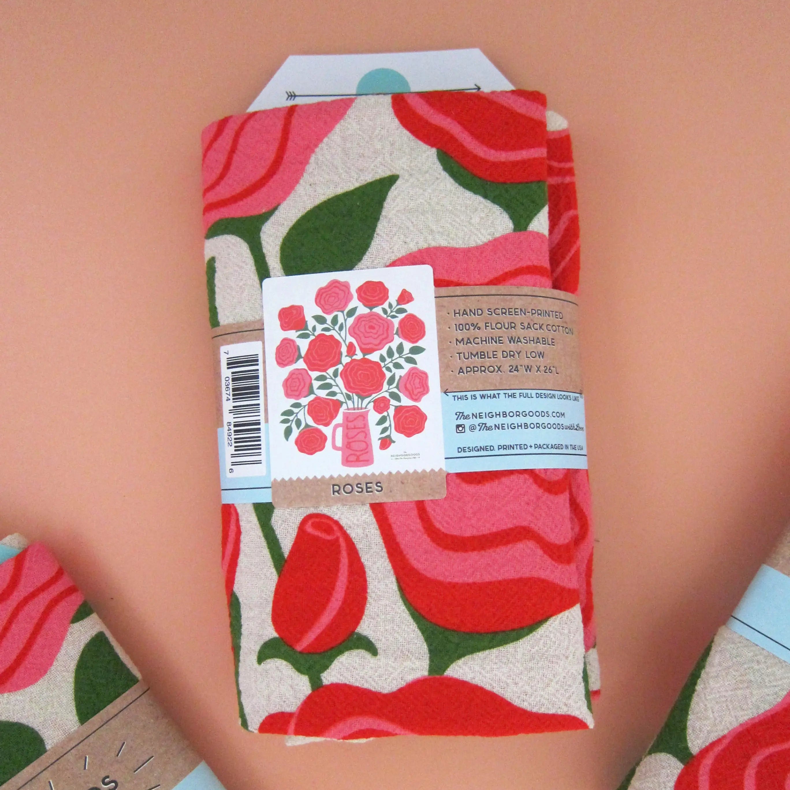 Hand screen-printed rose kitchen towel