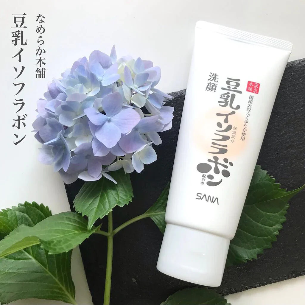 SANA Nameraka Moist Cleansing Wash NC – Japanese soy milk face wash displayed with hydrangea flowers, representing gentle and moisturizing skincare