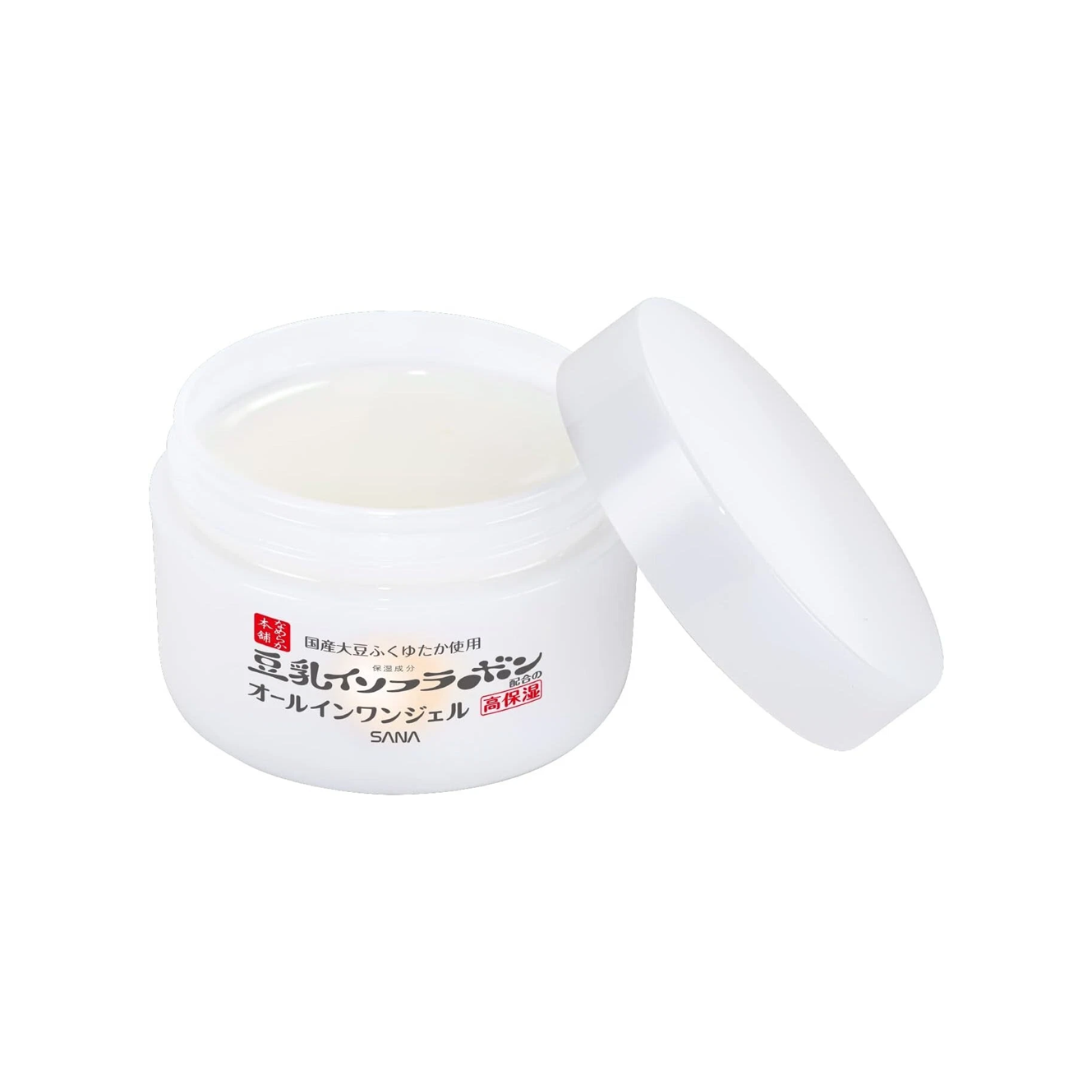 Open jar of SANA Soy Milk Isoflavone All-in-One Gel showing smooth moisturizing cream texture