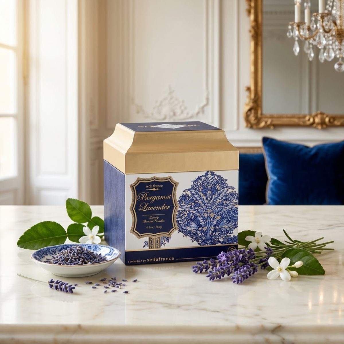 Seda France Bergamot Lavender Bleu et Blanc Boxed Candle 6.25 oz background
