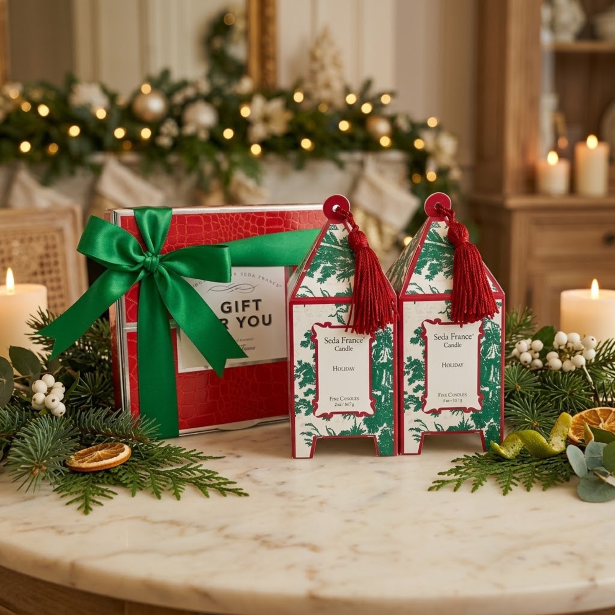 Seda France Holiday Mini Pagoda Gift Set with two scented candles background