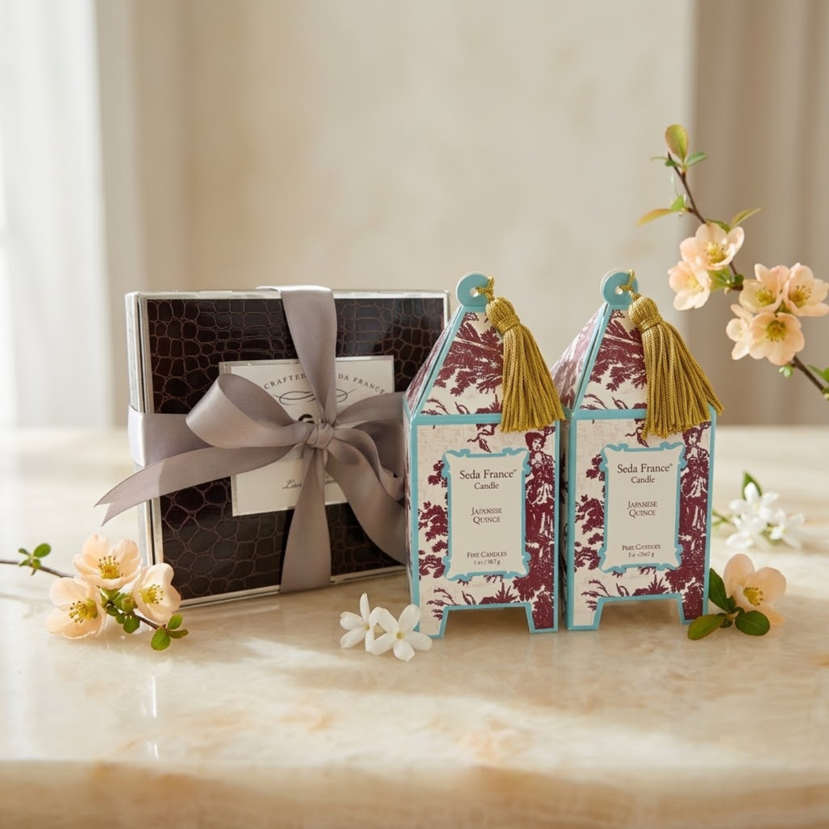 Seda France Japanese Quince Mini Pagoda candles in a home setting