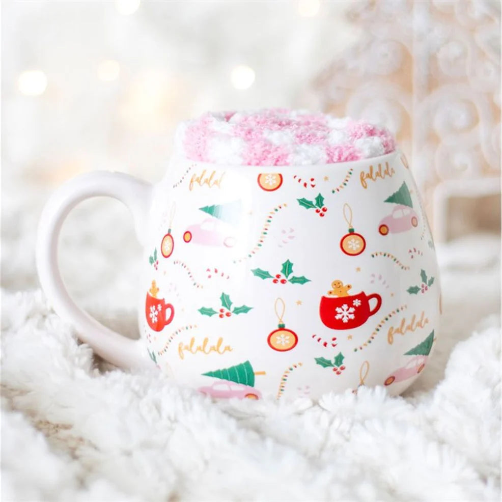 Festive sugarplum Christmas mug displayed in cozy holiday setting