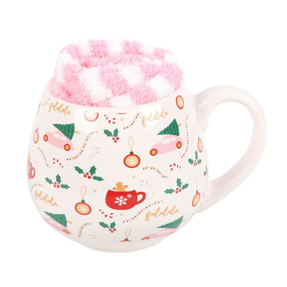 Sugarplum Christmas printed mug with pink fluffy socks gift set