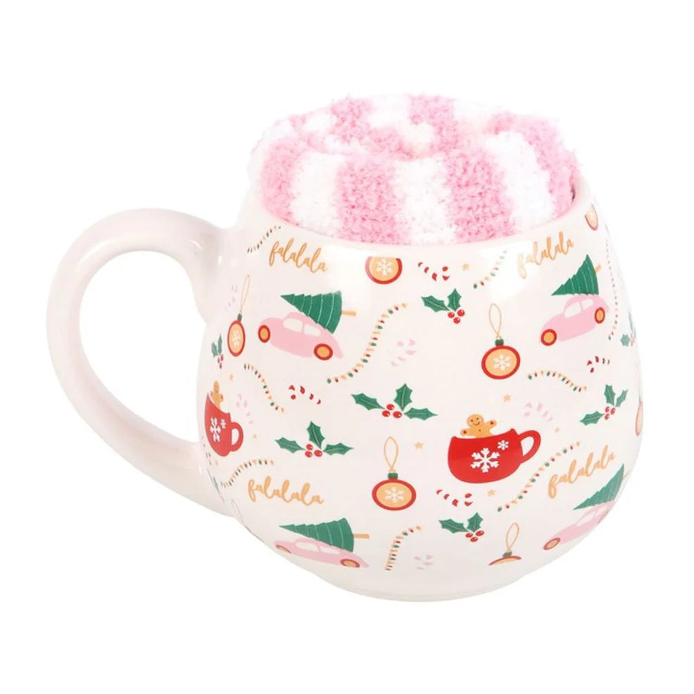Sugarplum Christmas mug paired with warm striped socks