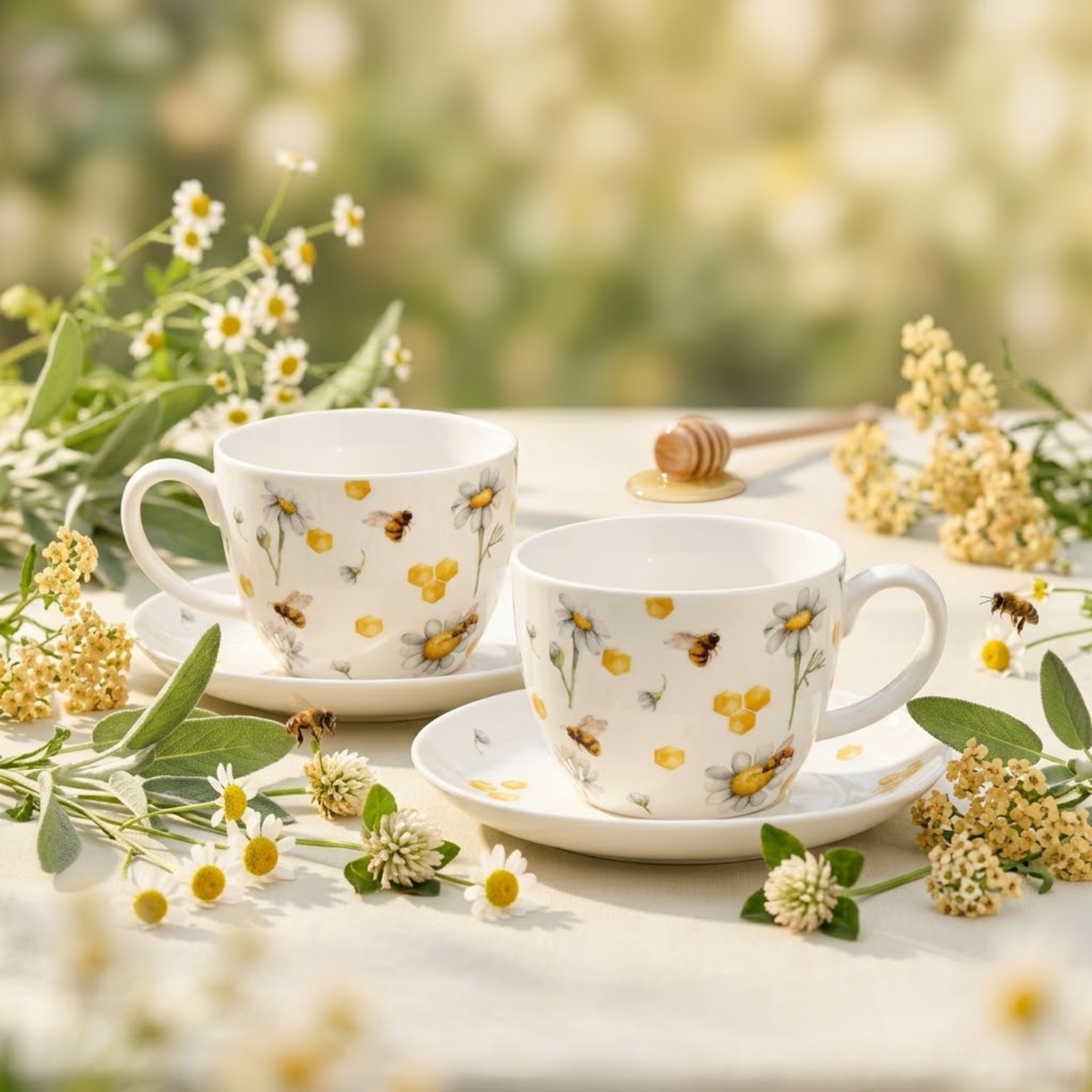 Tea with Honey porcelain tea cup and saucer set styled with natural botanical accents
