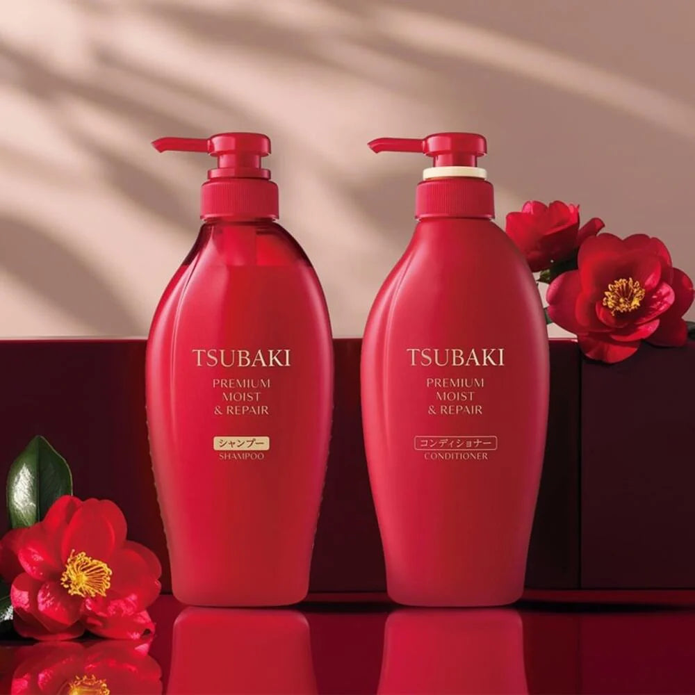 Shiseido Tsubaki Premium Moist Repair shampoo and conditioner set with red camellia design