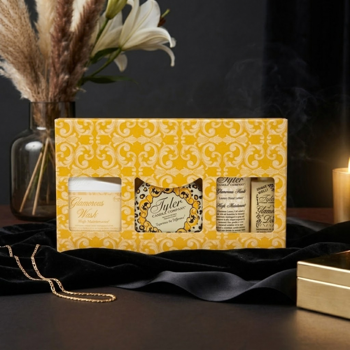 Tyler Candle Glamorous Gift Suite IV High Maintenance set with wash, candle, hand lotion and Glamour Do spray