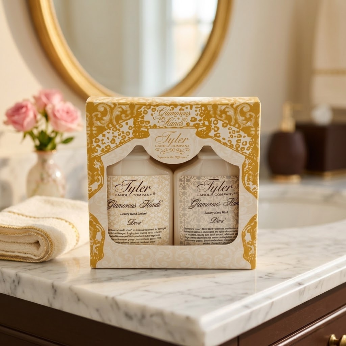 Tyler Candle Glamorous Hands Gift Set Diva with hand lotion and hand soap in baroque gift box background