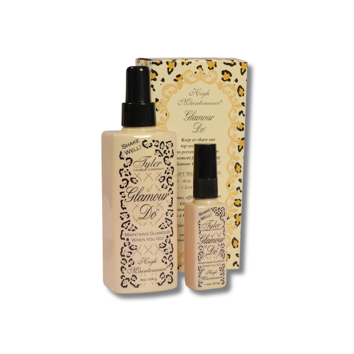 Tyler Candle Glamour Do Gift Set High Maintenance with 8 oz and 1.2 oz toilet spray bottles in gift box