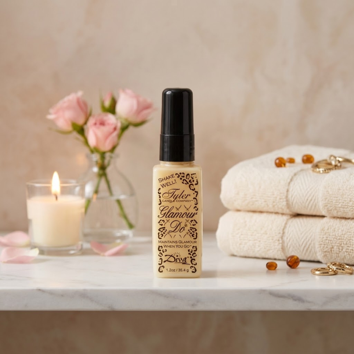 Tyler Glamour Do Diva toilet spray next to bathroom decor